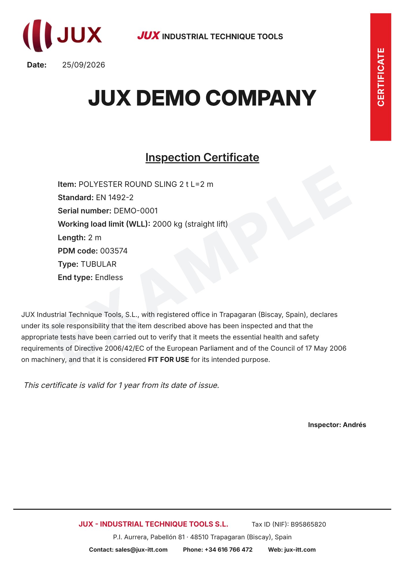 Sample inspection certificate issued from the traceability record