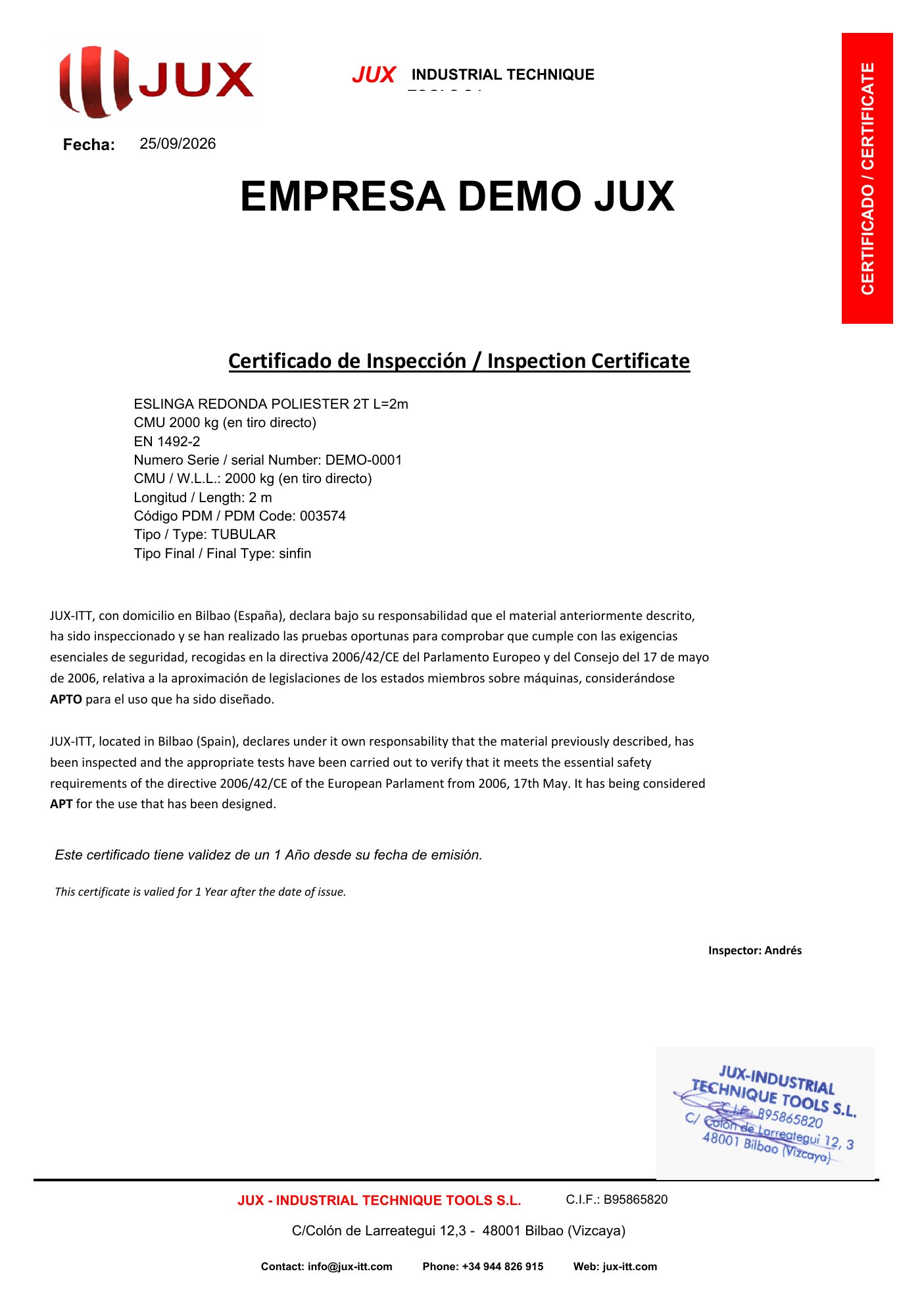 Certificado de inspección de ejemplo emitido desde la ficha de trazabilidad