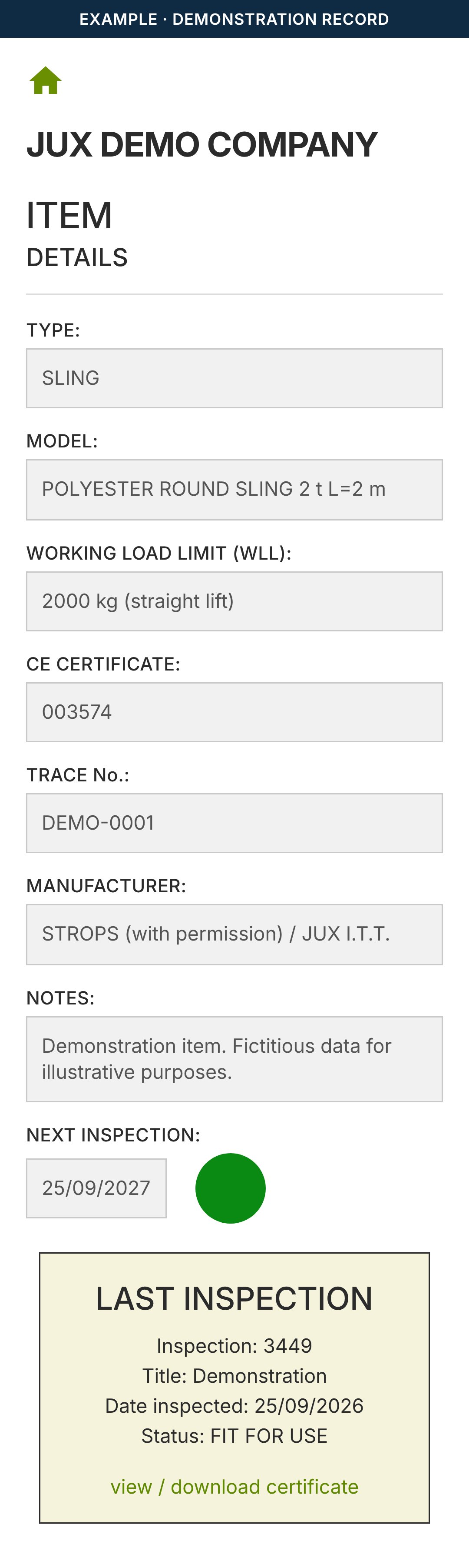 Sample traceability record viewed on a mobile phone: item data, next inspection and last inspection
