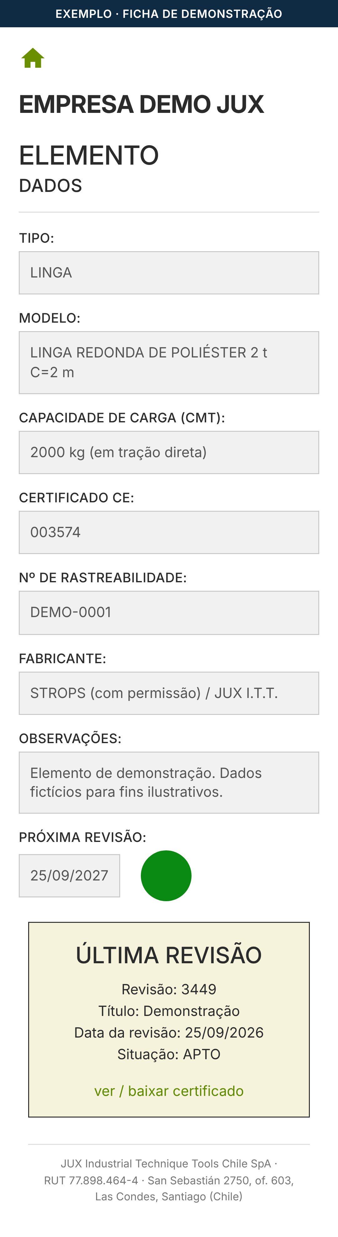 Ficha de rastreabilidade de exemplo vista no celular: dados do item, próxima revisão e última revisão