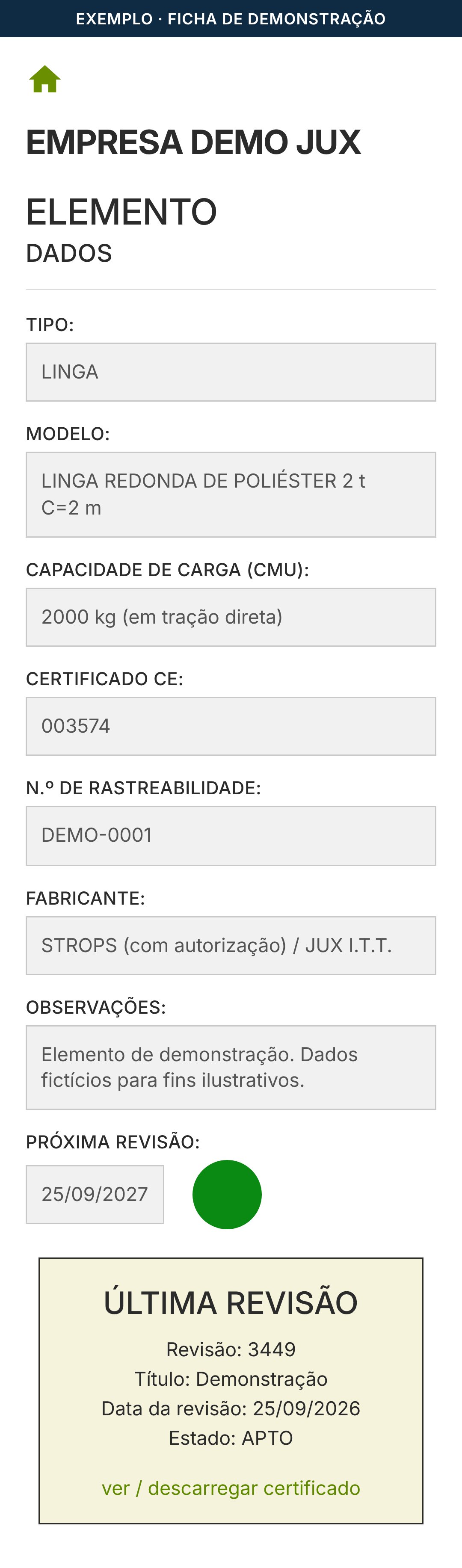 Ficha de rastreabilidade de exemplo vista no telemóvel: dados do elemento, próxima revisão e última revisão