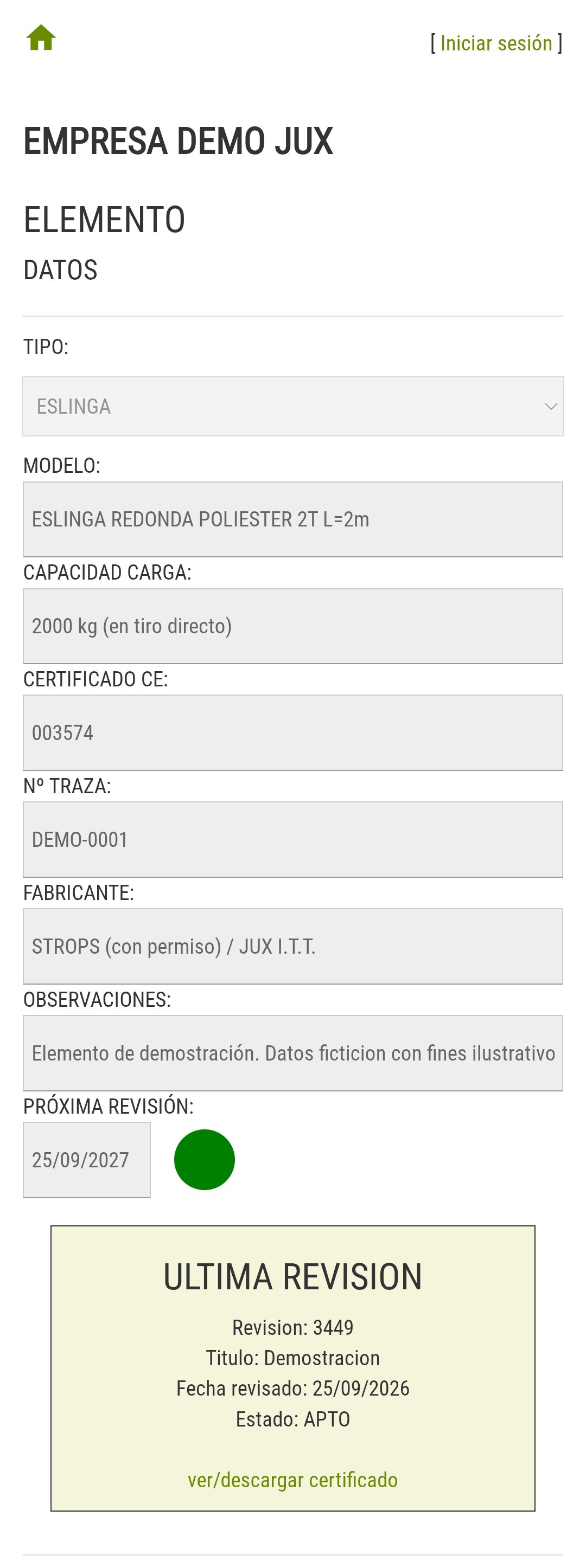 Ficha de trazabilidad de ejemplo vista en el móvil: datos del elemento, próxima revisión y última revisión